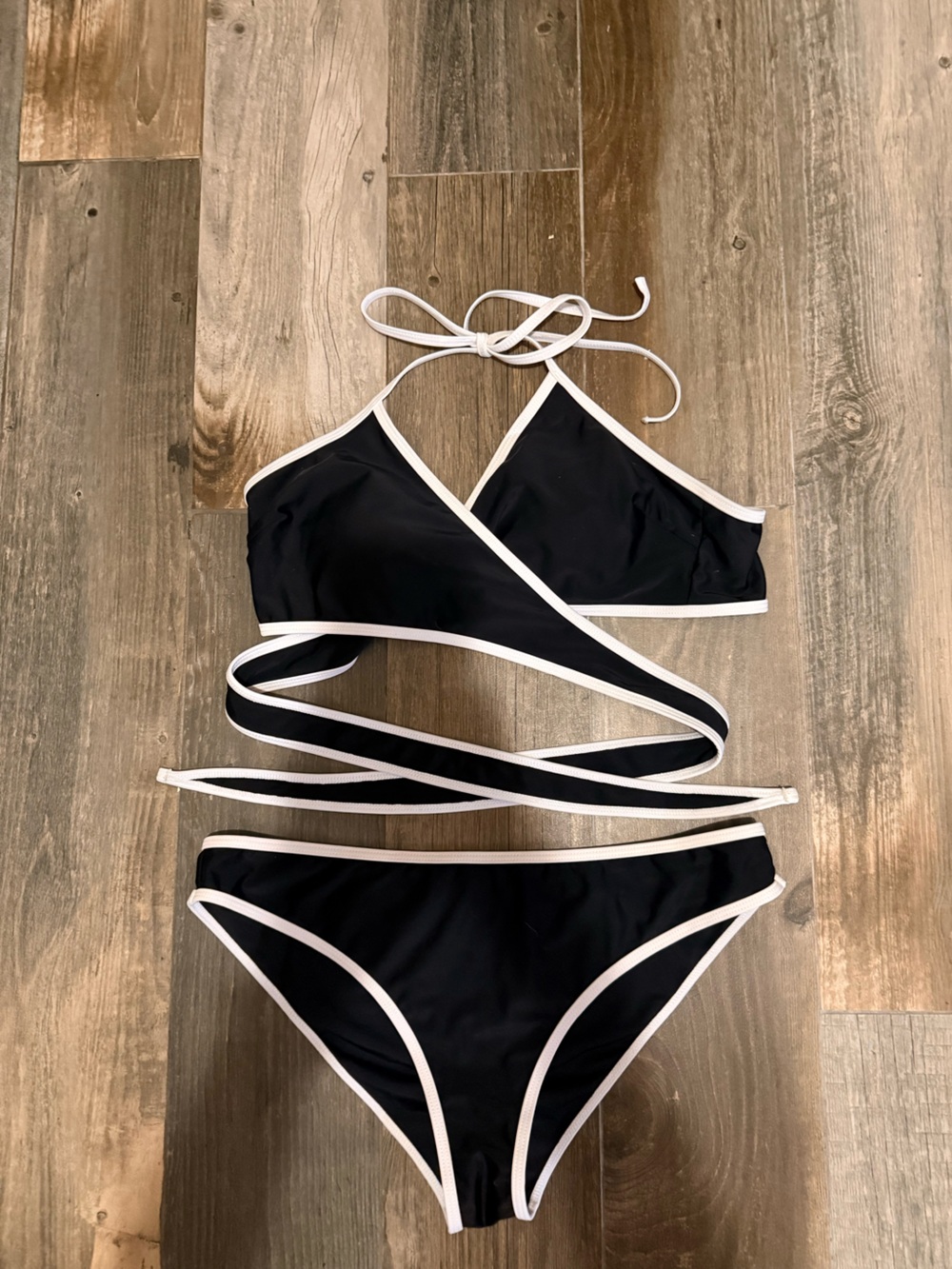 Black Wrap-Style Bikini with White Piping